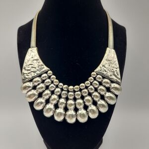 Boho Statement Silver Fringe Bib Necklace Hammered Metal